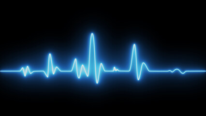 Blue heartbeat rate and pulse on black screen. Neon heartbeat on black isolated background. ECG Heartbeat Display. Background heartbeat line neon light heart rate display screen medical research.