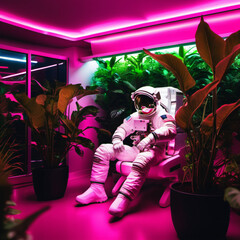 Astronaut in Raum mit Pflanzen, Neon