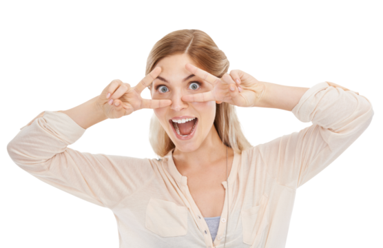 Portrait, funny face and peace sign with a natural woman isolated on a transparent background looking goofy. Comic, silly and a happy or confident young model on PNG for fun, comedy or humor