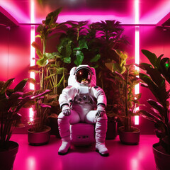 Astronaut in Raum mit Pflanzen, Neon