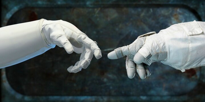 AI Generated Illustration Of Two Astronauts' Hands Reaching Out Towards Each Other