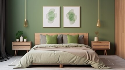 Simple poster hanging above bed with many cushions and green blanket standing in bedroom interior with golden furniture 8k,