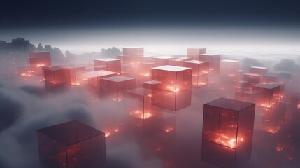 Cubic structures floating in an illuminated mist.