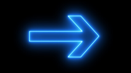 Neon blue arrow icon. neon light right arrows. shining direction arrows. Glowing neon arrow sign on black background. Location indicator for casino, bar, cinema, night club.