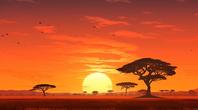Expansive African savannah with detailed acacia trees silhouetted against an amber sunset. © AI Aesthete