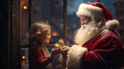 Magical Christmas background with Santa Claus and children. Winter fairytale style. Holiday celebration concept.