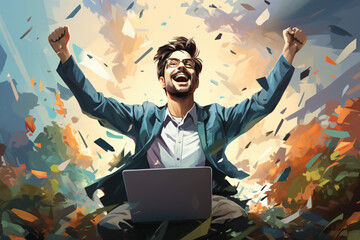 Excited man in glasses with raised fists in front of laptop with abstract background
