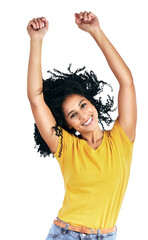 Happy woman, afro and dance portrait or smile, isolated on transparent png background. Black person, model and face or arms up moving in celebration party fun for motion energy, summer look in Brazil