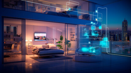 photograph showcasing a technologically advanced apartment or smart home, highlighting the latest in modern home technology. Generative AI 