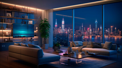 photograph showcasing a technologically advanced apartment or smart home, highlighting the latest in modern home technology. Generative AI 