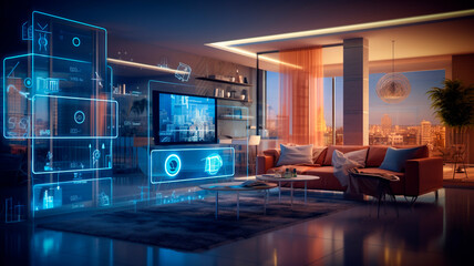 photograph showcasing a technologically advanced apartment or smart home, highlighting the latest in modern home technology. Generative AI 