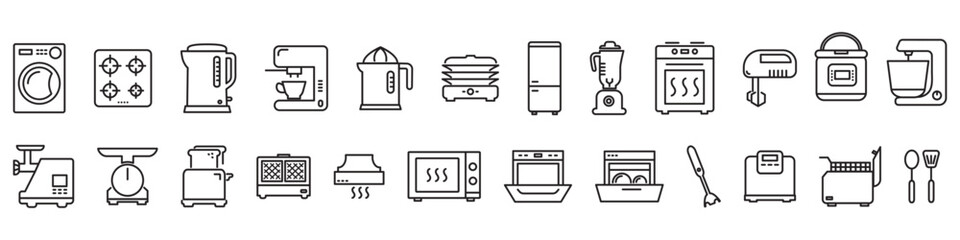 Kitchen appliances line icon set. Vector illustration household equipment for cooking and clothes cleaning.