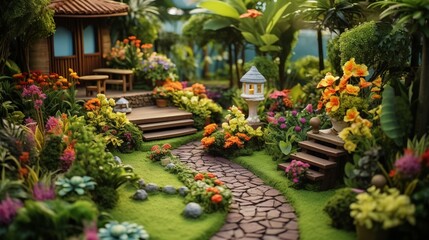 Small gardens with beautiful different green flower and plant in home backyard garden. 8k,