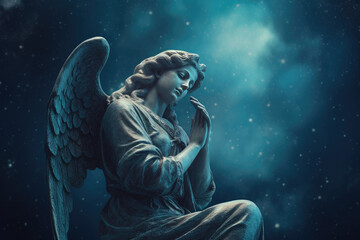 A statue of praying angel over starry sky with copy space Generative AI .