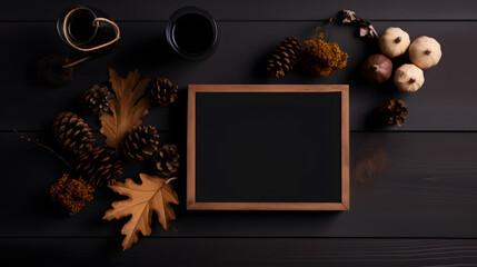 Autumn-Themed Flat Lay with Coffee, Pinecones, Leaves, Pumpkins, and Blank Chalkboard on Dark Wooden Background.