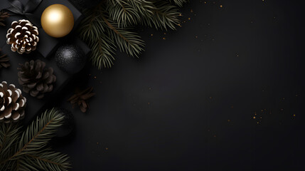 Dark Holiday Background with Gold and Black Baubles, Pinecones, and Fir Branches.