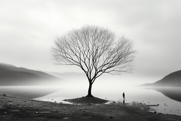 A simple and elegant black and white photograph featuring a tree in a minimalist style. Ai generated