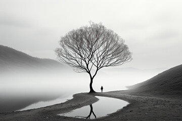 A simple and elegant black and white photograph featuring a tree in a minimalist style. Ai generated - 672348597