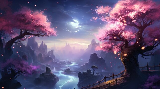 Moonlit oriental landscape with sakura trees and floating petals. Ethereal beauty concept.