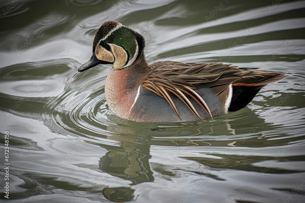 Sticker Baikal teal duck swimming idly in a body of still water