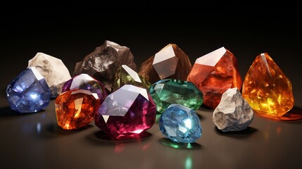 Photorealistic renderings of precious gems and minerals, each facet and impurity displayed in crystalline clarity.