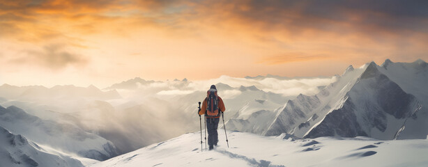Winter holidays, Concept travel ski, walking ski alpinist, Freeride skiing, man on top of the mountain, Winter holidays, Traveling concept background