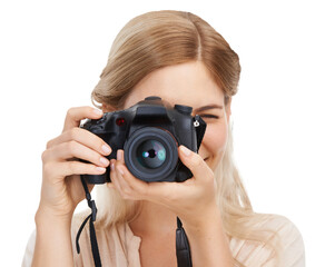 Isolated photographer woman, camera and shooting with smile, creativity and art by transparent png background. Girl, photography and journalist job for newspaper, magazine and paparazzi photoshoot