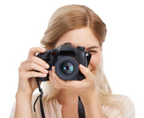 Isolated photographer woman, camera and shooting with smile, creativity and art by transparent png background. Girl, photography and journalist job for newspaper, magazine and paparazzi photoshoot