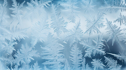closeup of icy patterns on frozen blue window
