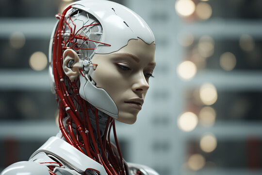 A captivating exploration of the metaverse, blending human and robotic woman face features, in a futuristic sci-fi concept. Ai generated