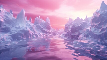 Shifting tectonic plates of iridescent ice floating on a body of liquid nitrogen, beneath a gaseous sky with tinges of magenta.