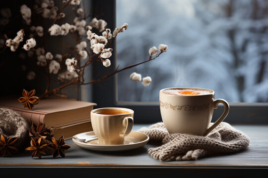 Enjoy the serene warmth of winter with a cup of coffee, a good book, and a snowy view outside the window. Ai generated