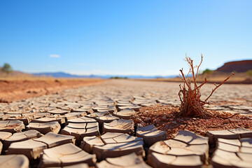 Cracked soil with dry shrub in a hot desert environment