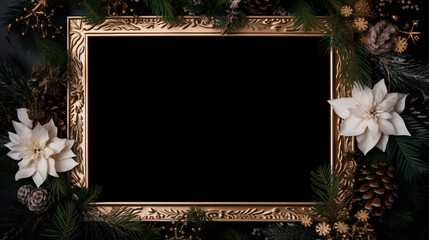 Flat lay for the New Year, frame and decor on a dark background. Christmas background with empty space in the center. Christmas decorations around the frame. Place for text