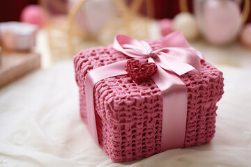 pink crocheted gift box with pink bow