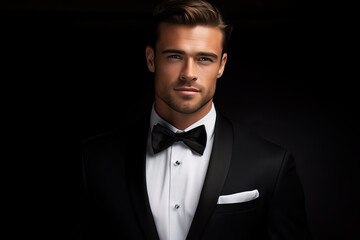portrait of handsome man in black tuxedo