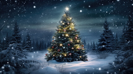 Beautiful decorated Christmas tree in a snowed cold winter landscape.