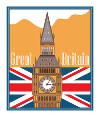 Great Britain emblem with Tower, flag and inscription. Icon, symbol. Vector illustration