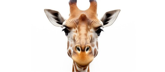 A portrait of a giraffe with a long neck happily captured in a simple and isolated setting against a white background