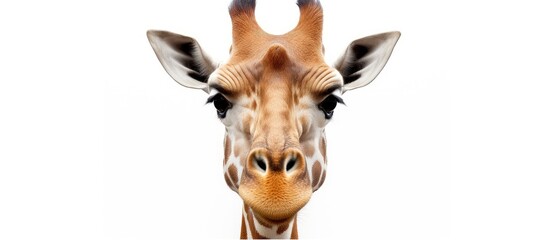 Fototapeta premium A portrait of a giraffe with a long neck happily captured in a simple and isolated setting against a white background
