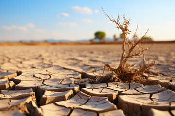 Dry cracked ground with dead bush and blue sky - obrazy, fototapety, plakaty