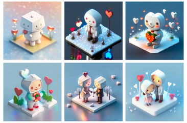 A set of AI generated isometric cartoon characters in a cheerful and loving mood. Concept of love and strong positivity. Style of a winter wonderland.
