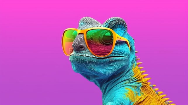 Cartoon colorful iguana with sunglasses on isolated.Generative AI