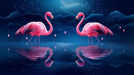 Dark blue luxury art background with flamingo birds.Generative AI - obrazy, fototapety, plakaty