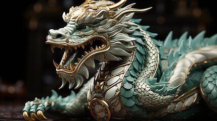 Fototapeta premium ajestic Green Dragon: A grand and awe-inspiring green dragon, adorned with intricate scales, breathing emerald fire, symbolizing the New Year 2024