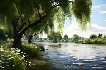 Fototapeta na wymiar A tranquil riverside scene with swaying willow trees. 