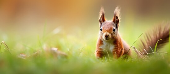 A picture capturing a Eurasian red squirrel Sciurus vulgaris perched amidst the blades of grass