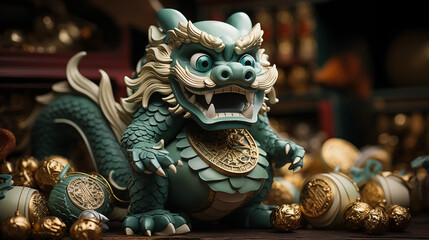 Fototapeta na wymiar Green Dragon Guardian: A powerful green dragon standing guard over a treasure trove, signifying the protective energy of the New Year 2024
