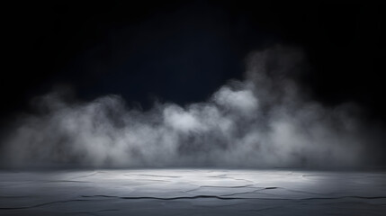 Gray textured concrete platform, podium or table with smoke in the dark - obrazy, fototapety, plakaty