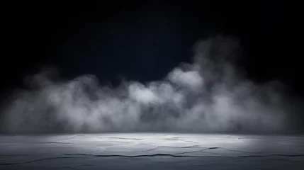 Fotobehang Gray textured concrete platform, podium or table with smoke in the dark © Prasanth